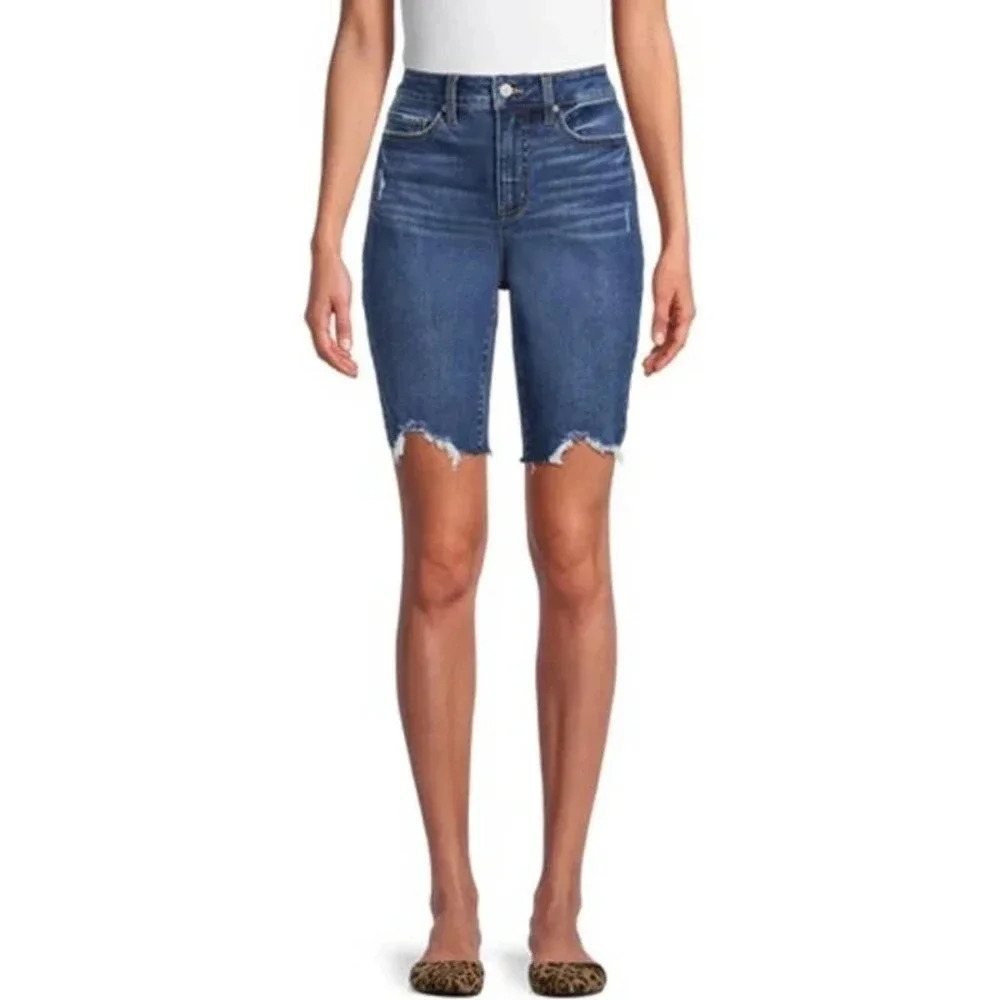 Time & Tru Women's Size 6 Dark Washed High Rise Shark Bite Hem Bermuda Shorts